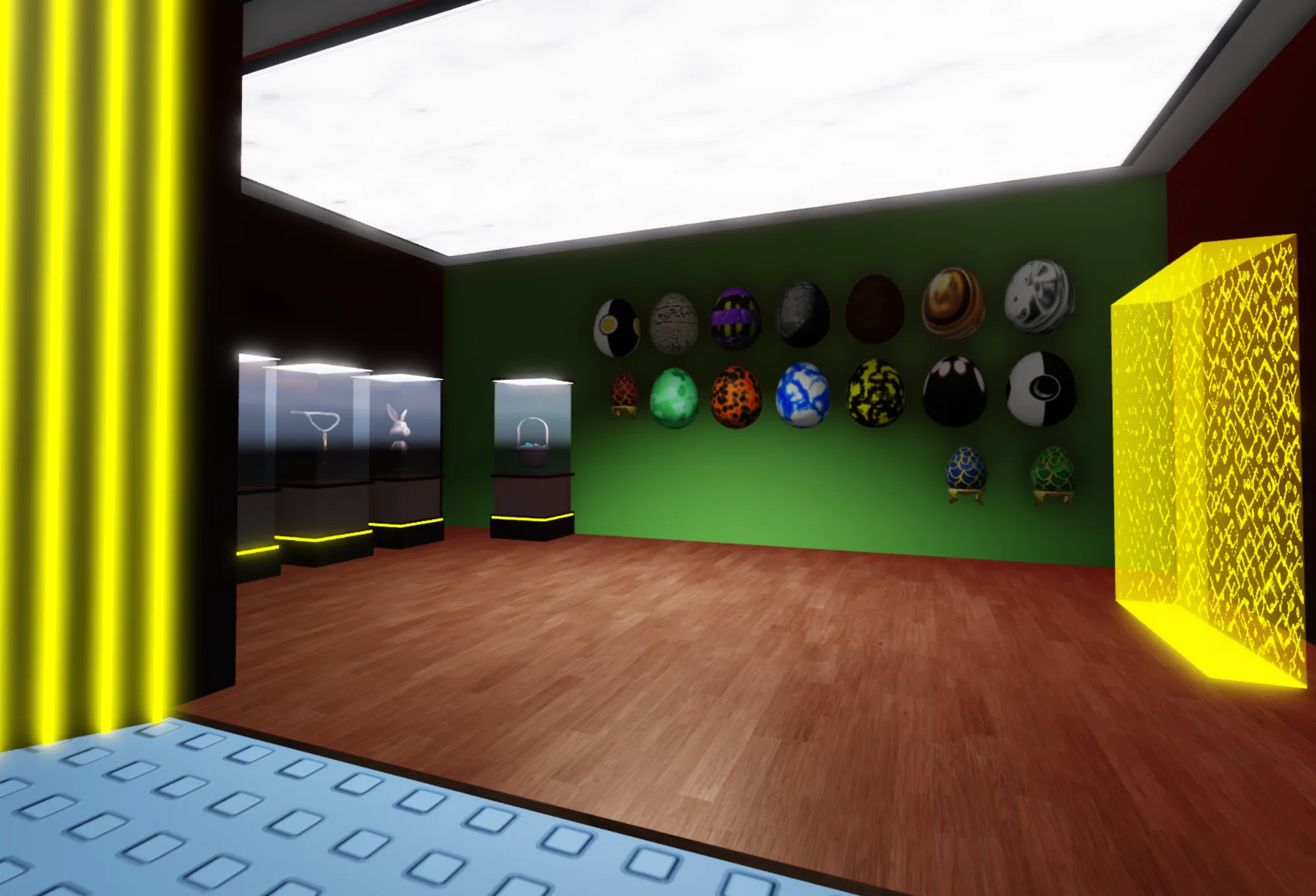 Egg exhibit with artifacts and a glowing portal