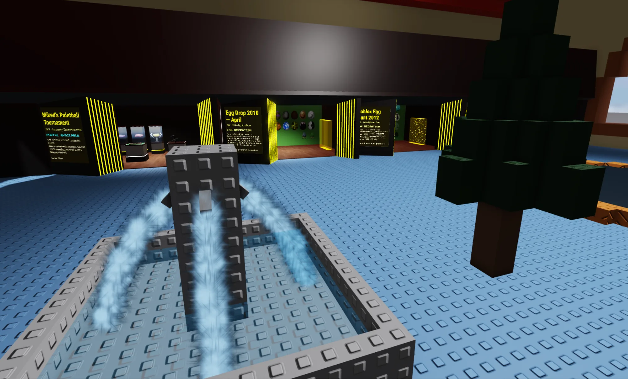 Classic Roblox fountain surrounded by event galleries