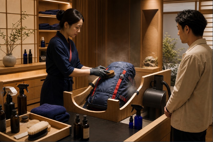 A staff member professionally cleaning a backpack at the Bag Onsen care station.