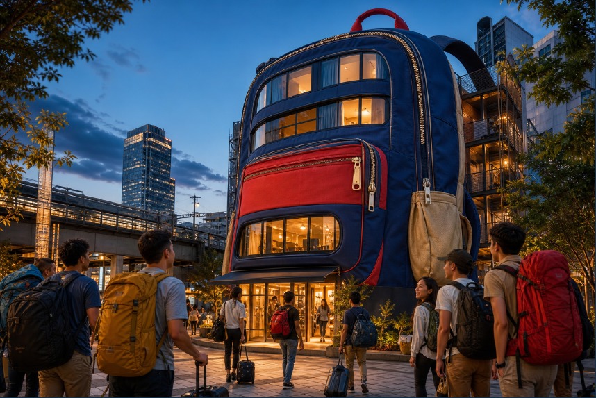 Travelers arriving at the JanDorm concept hotel in Tokyo.