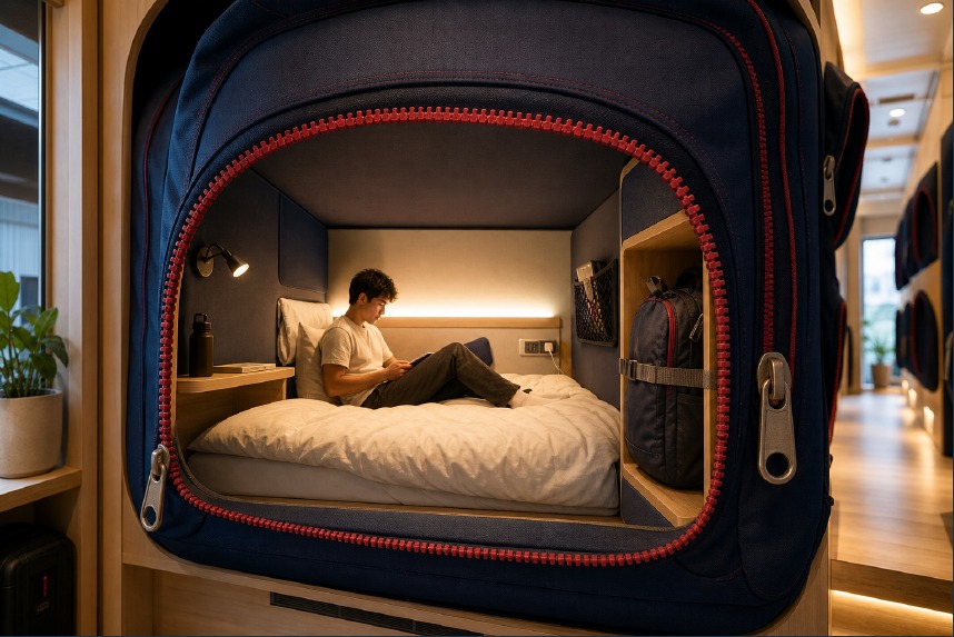A warm capsule room inspired by a backpack pocket.