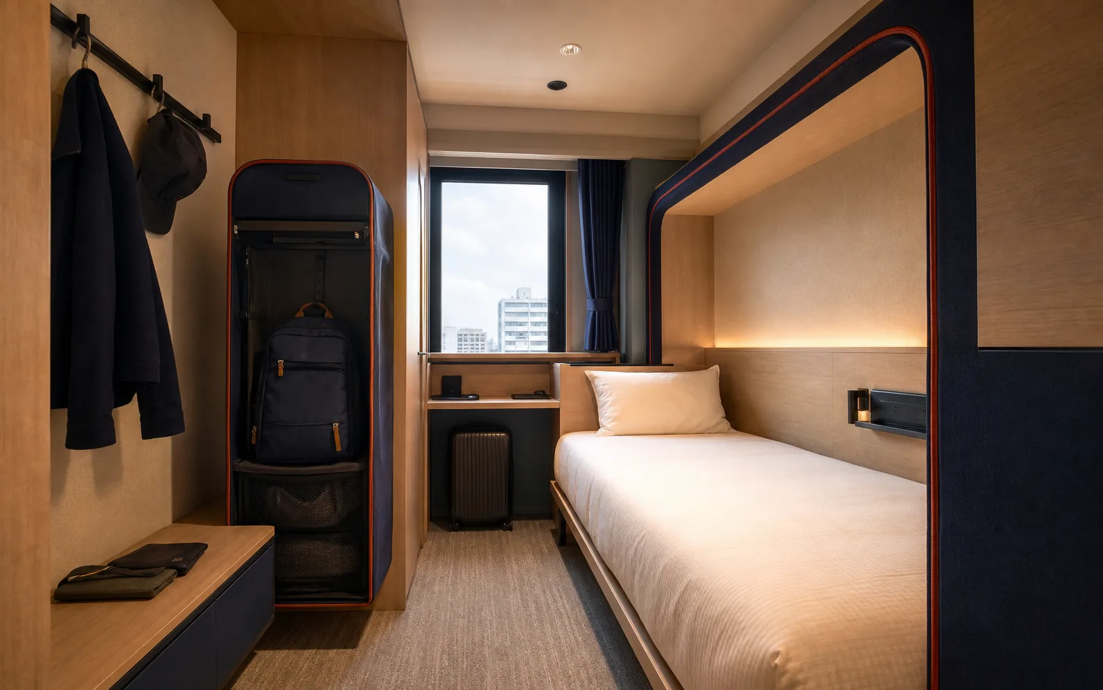 A wider Window Pocket room with daylight, standing space, and dedicated backpack storage.