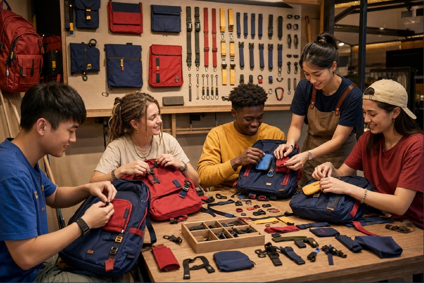 Travelers repairing backpacks with an instructor in the JanSport workshop.